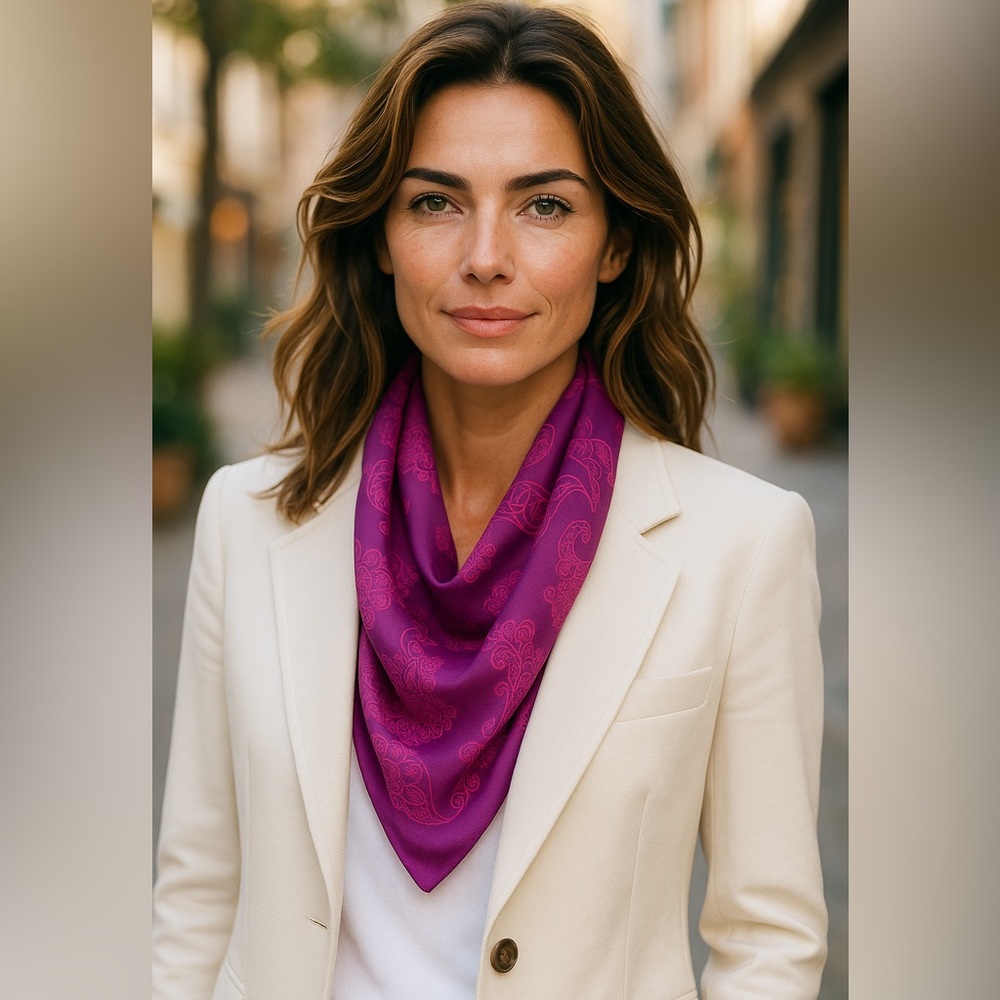 NWT SILKLETTE Paisley Boho Elephant 100% Fine Silk Kerchief Scarf PURPLE/ORANGE